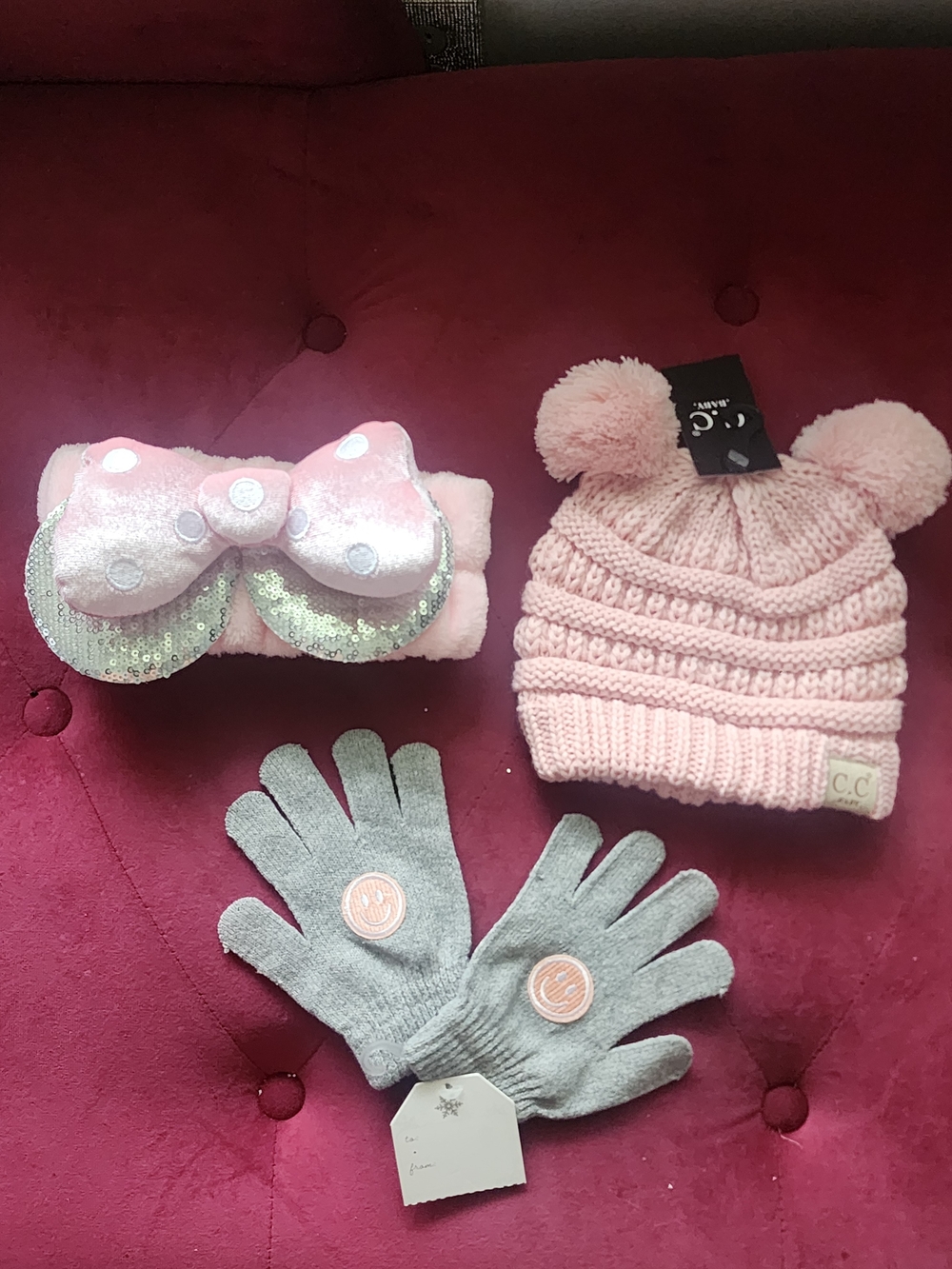 C.C Pink Pom-Pom Beanie with Minnie Mouse Sequin Bow Headband and Gray Gloves